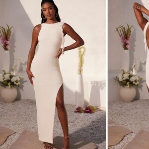 Oh Polly Ruched Open Back Ruffle Evening Gown in Ivory